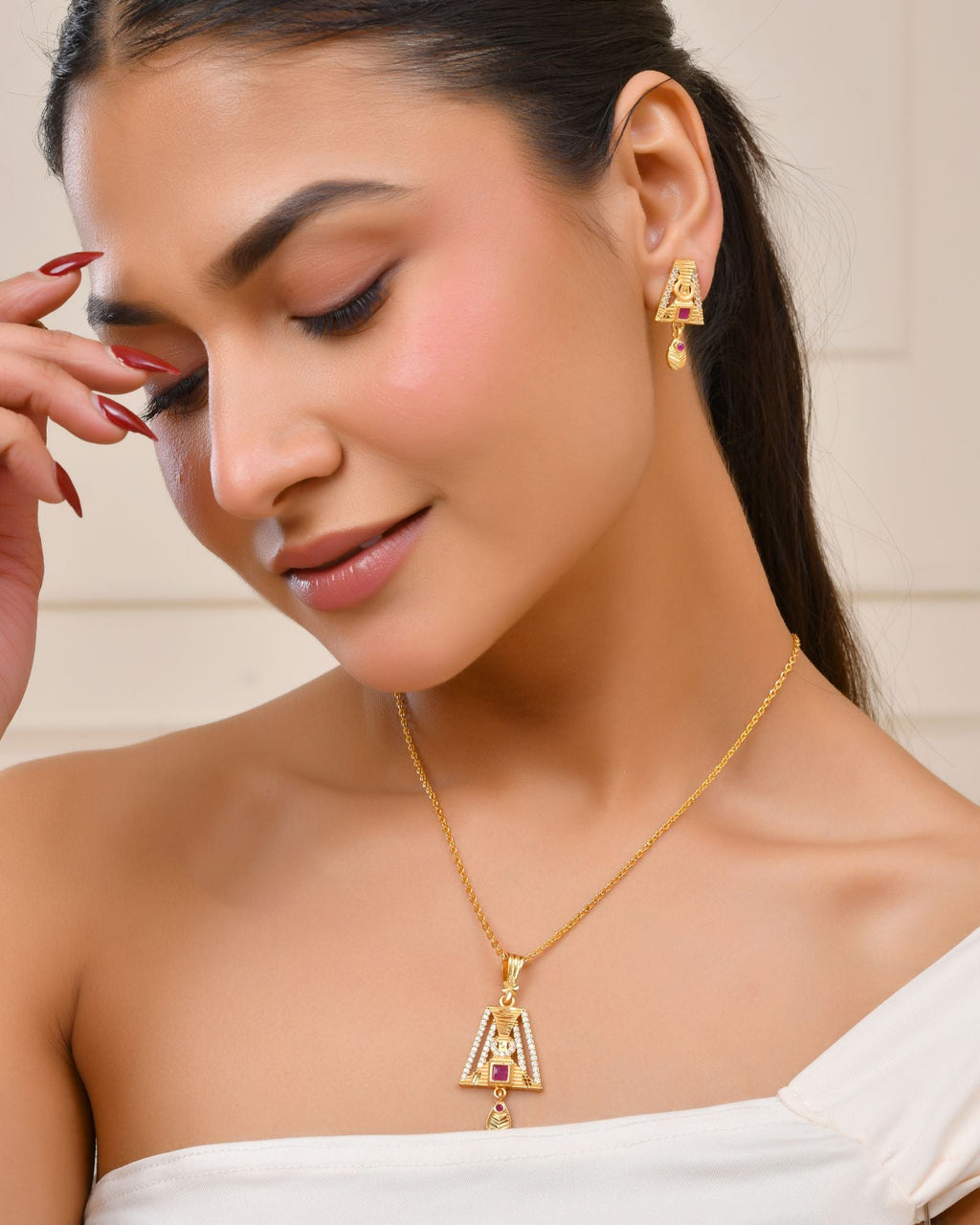 Jewels Nest Gold-Plated Geometric Pendant Necklace Set With Stone Stud Earrings For Women