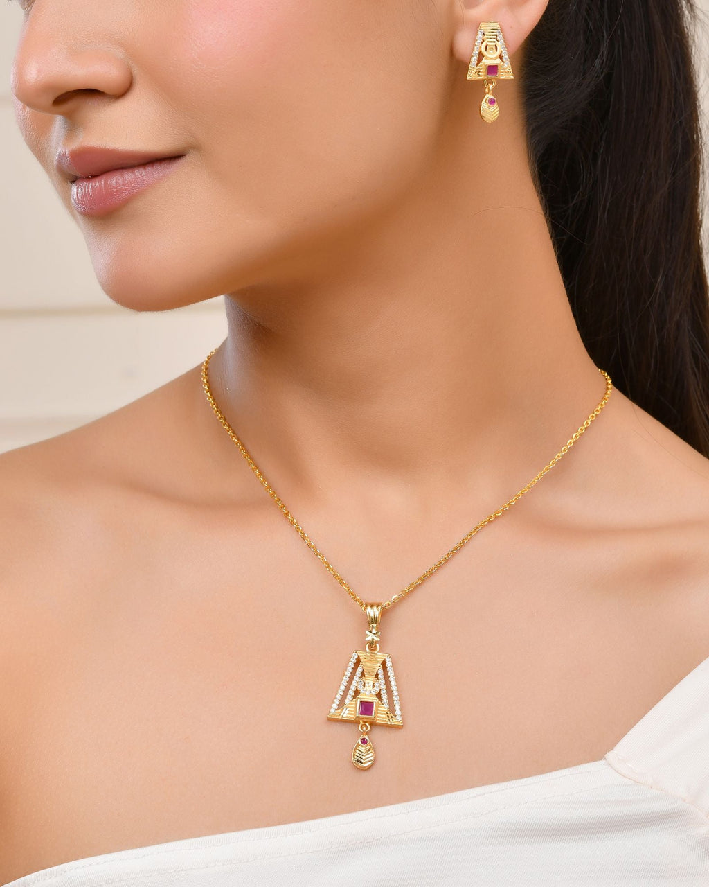 Jewels Nest Gold-Plated Geometric Pendant Necklace Set With Stone Stud Earrings For Women