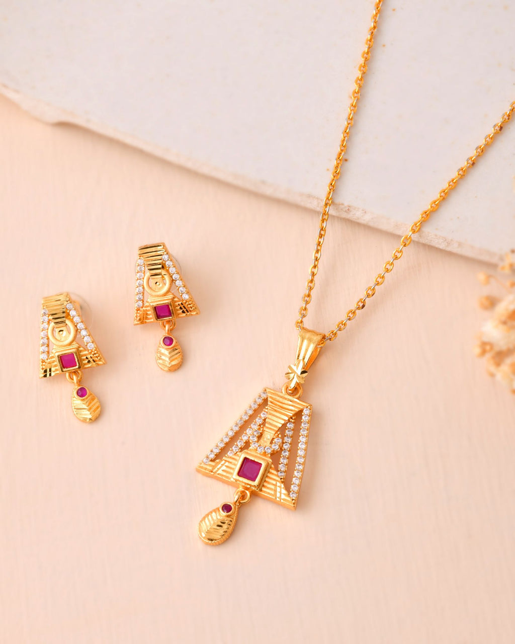 Jewels Nest Gold-Plated Geometric Pendant Necklace Set With Stone Stud Earrings For Women