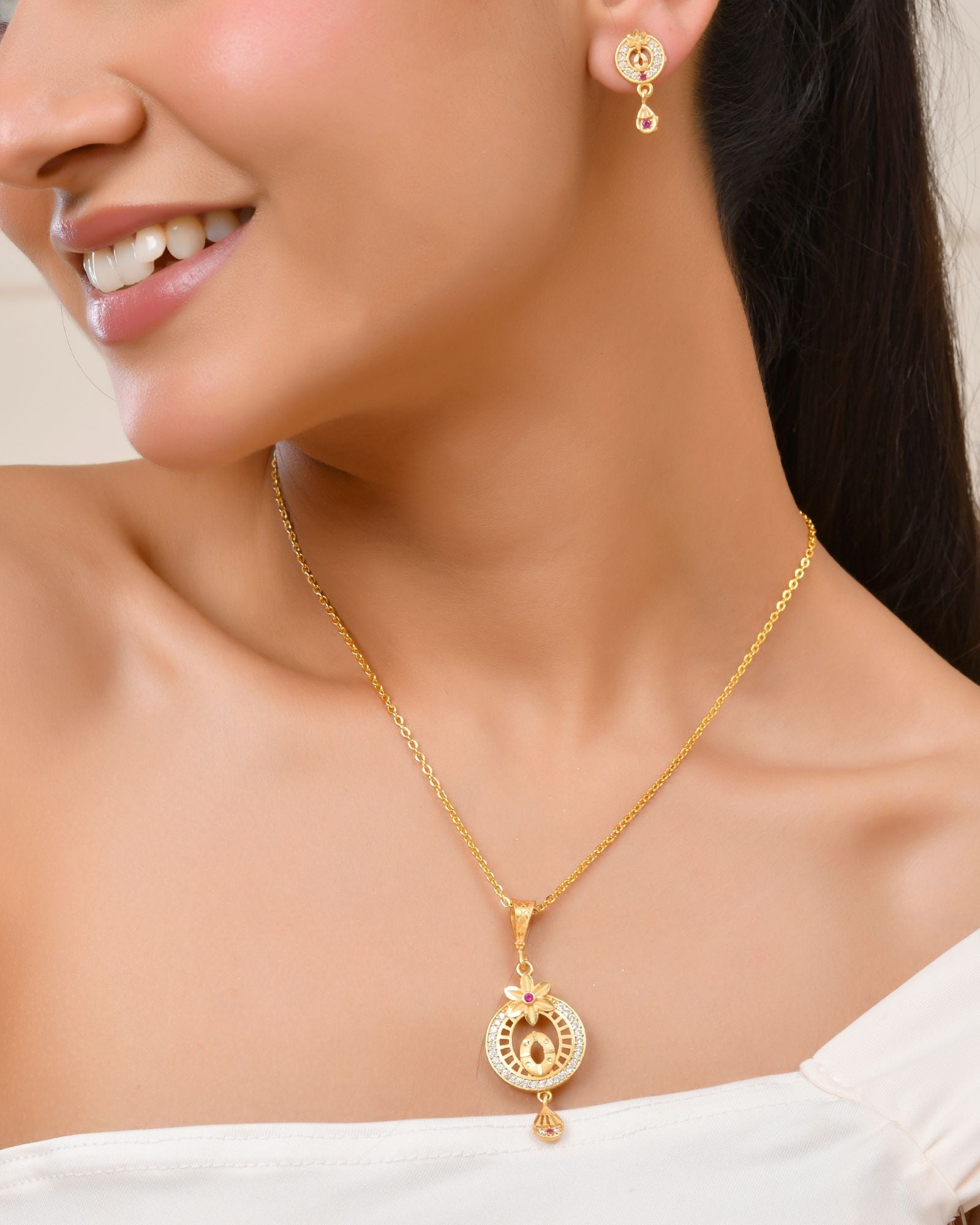Jewels Nest Gold-Plated Circular Pendant Necklace With Matching Stud Earrings For Women