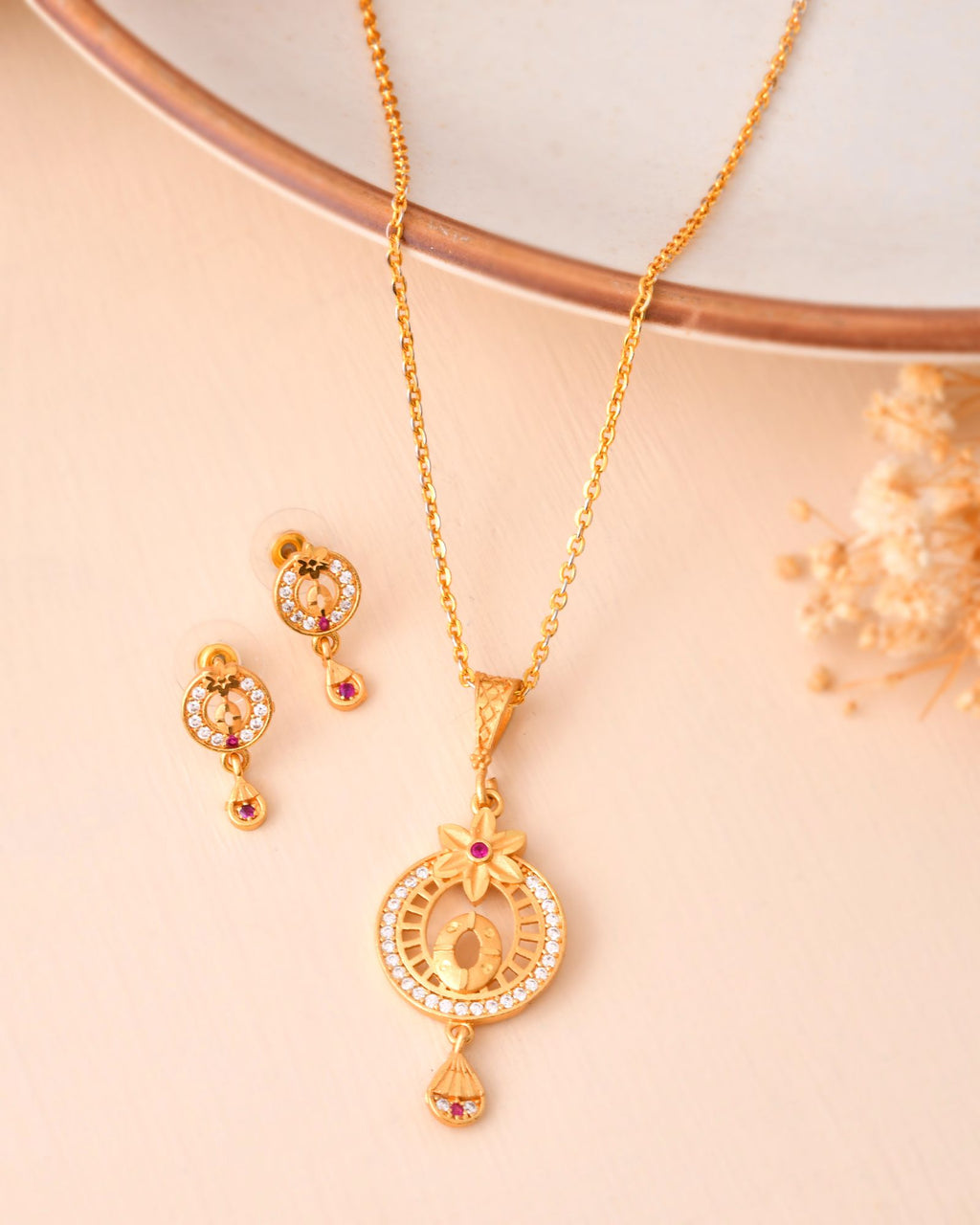 Jewels Nest Gold-Plated Circular Pendant Necklace With Matching Stud Earrings For Women