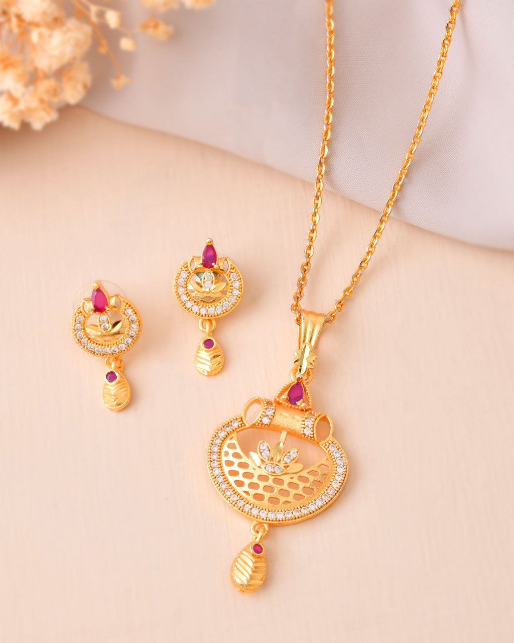 Jewels Nest Gold-Plated Traditional Pendant Necklace Set With Matching Earrings For Women