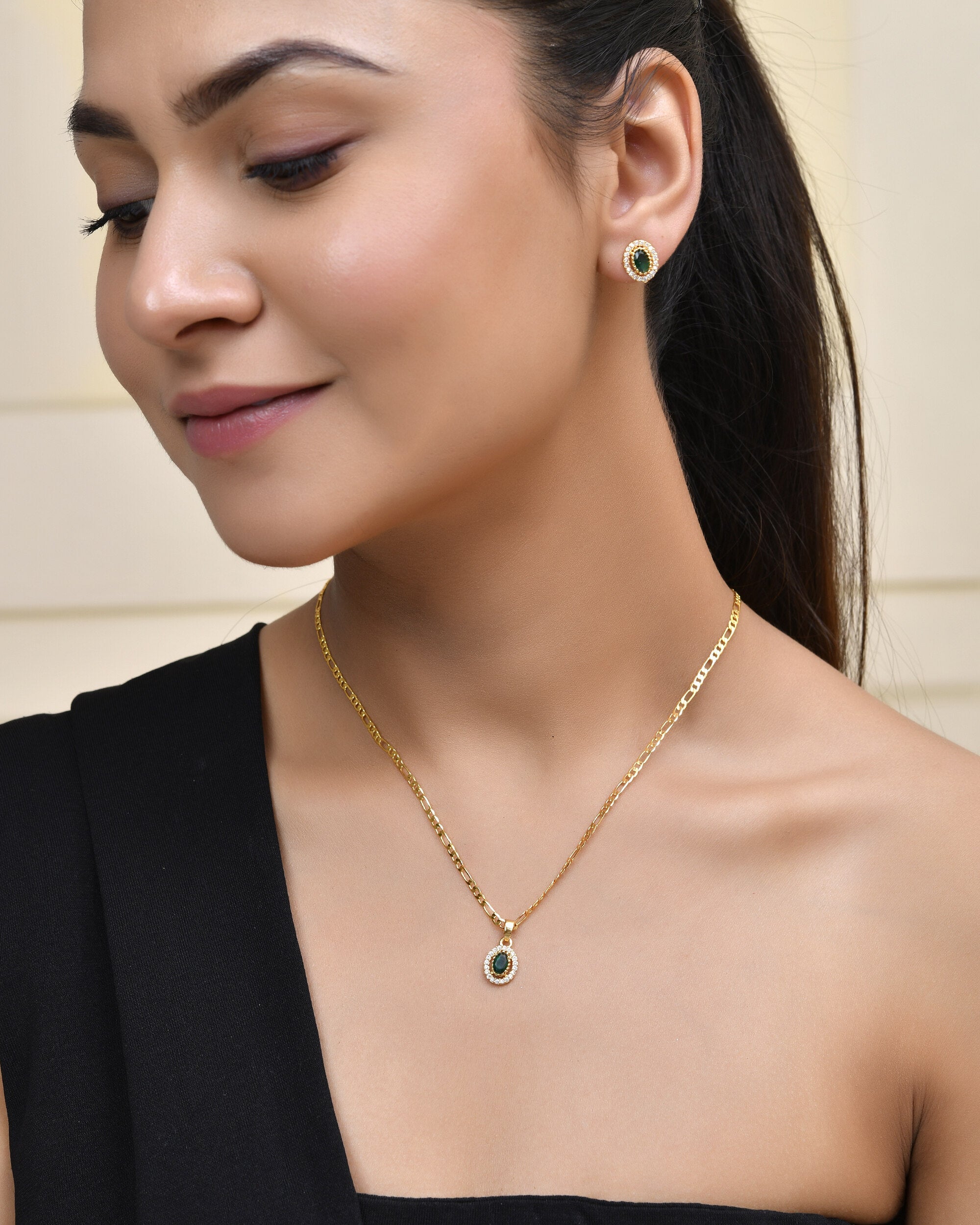 Jewels Nest Elegant Gold-Polished Green Stone Earring & Pendant Set – Royal Jewelry for Women