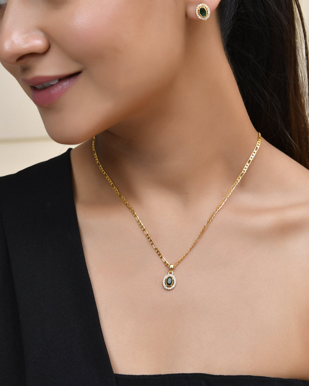 Jewels Nest Elegant Gold-Polished Green Stone Earring & Pendant Set – Royal Jewelry for Women