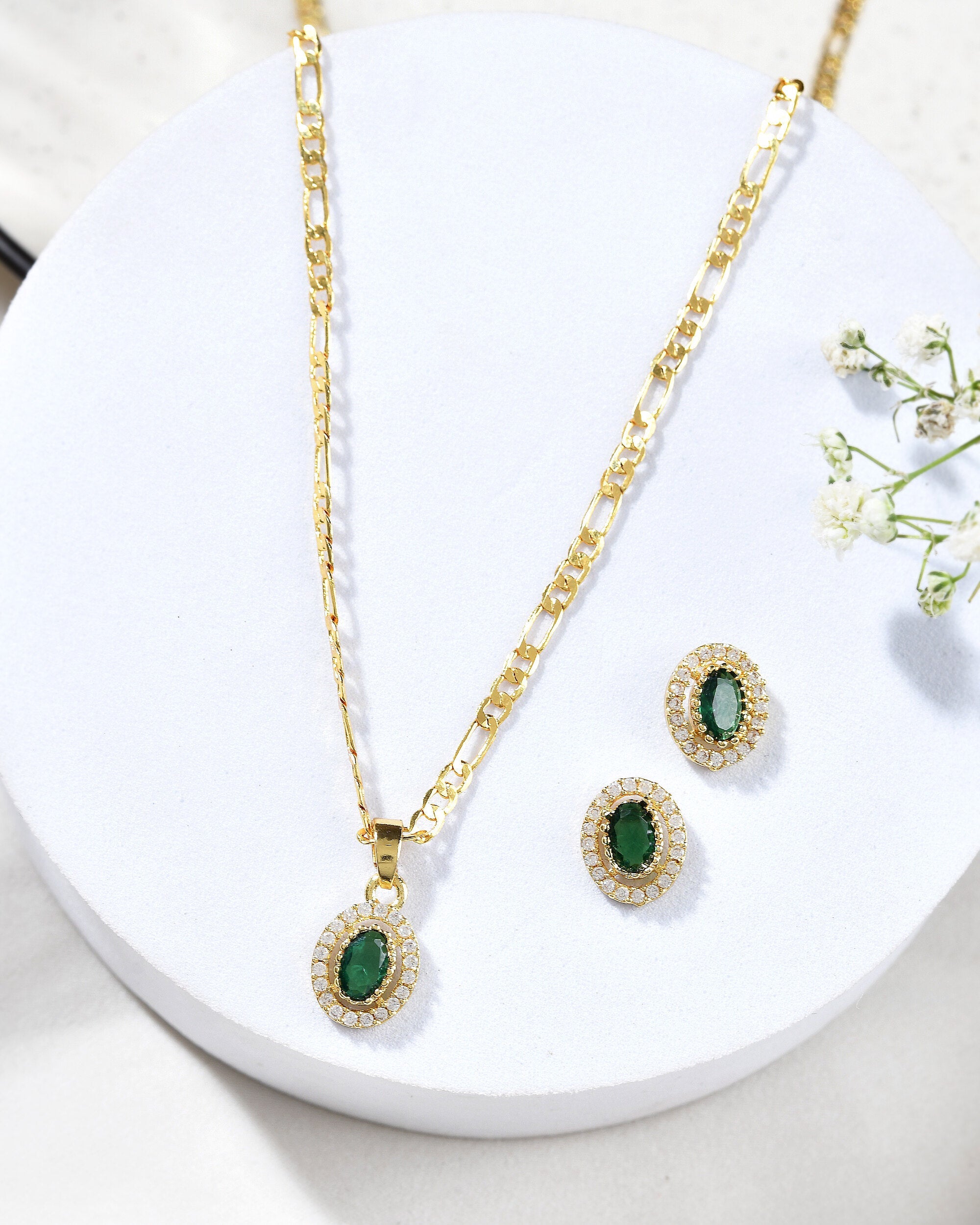 Jewels Nest Elegant Gold-Polished Green Stone Earring & Pendant Set – Royal Jewelry for Women