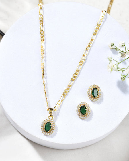 Jewels Nest Elegant Gold-Polished Green Stone Earring & Pendant Set – Royal Jewelry for Women