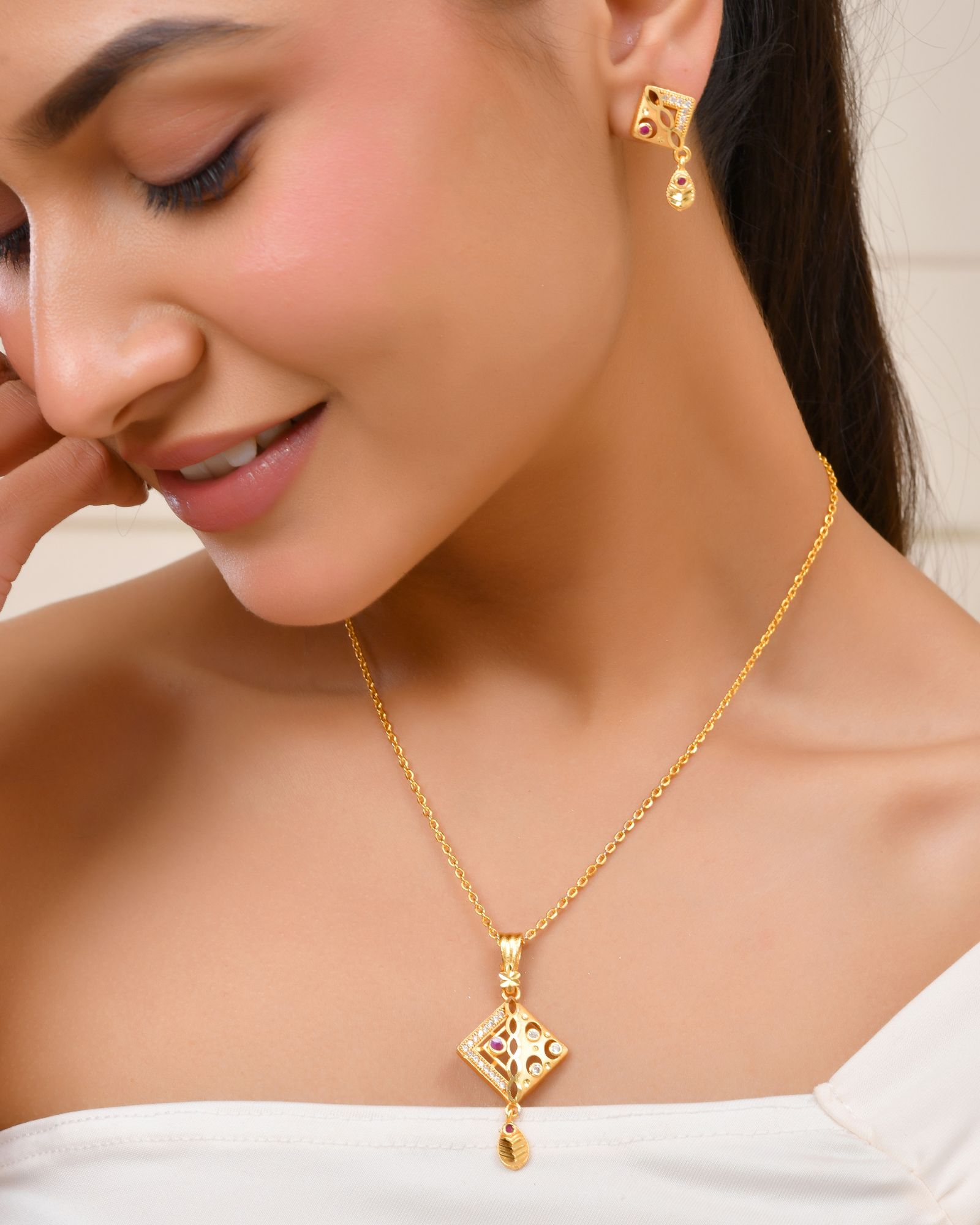 Jewels Nest Gold-Plated Square Pendant Necklace Set With Matching Earrings For Women
