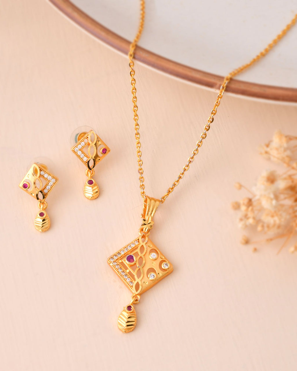 Jewels Nest Gold-Plated Square Pendant Necklace Set With Matching Earrings For Women