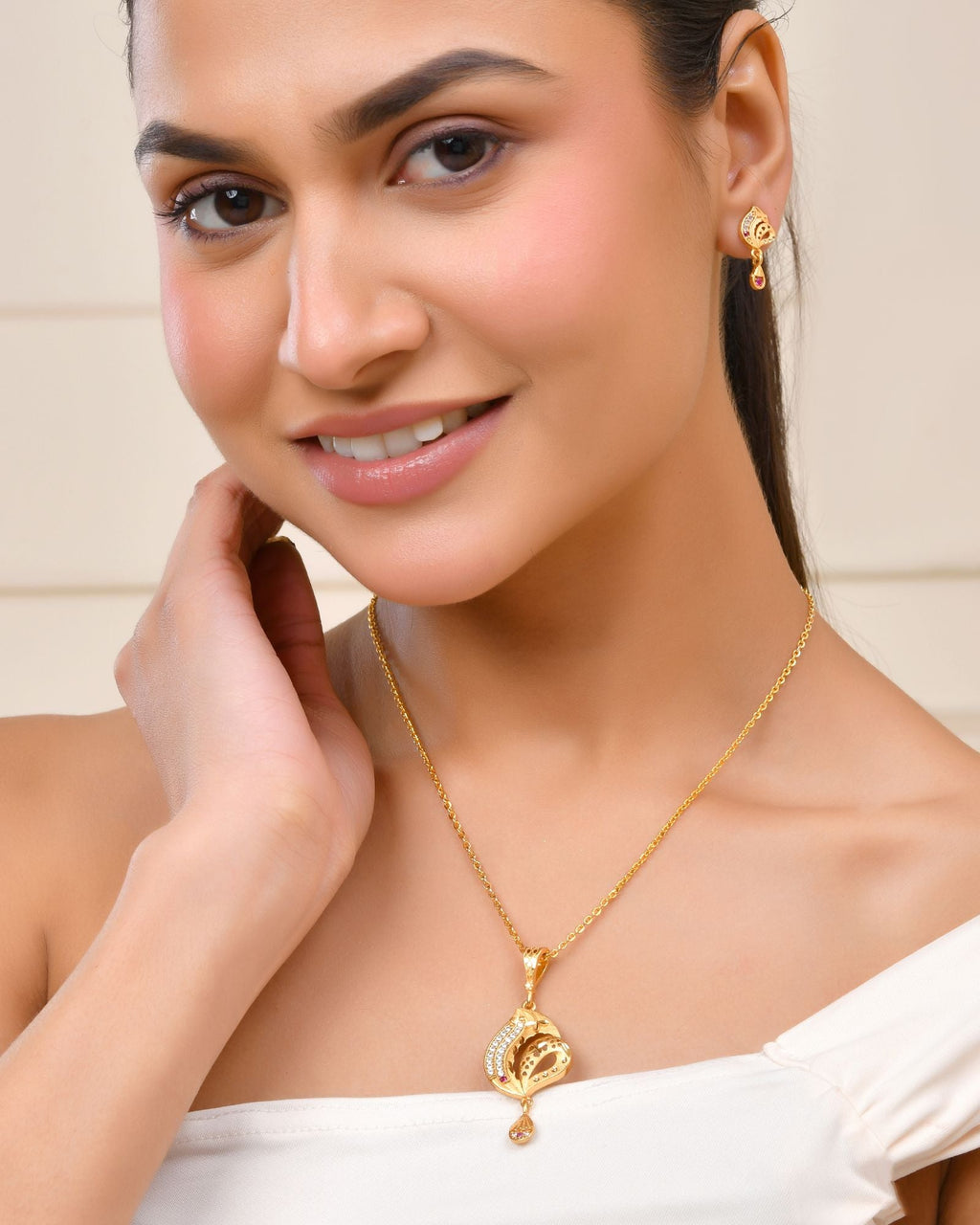 Jewels Nest Gold-Plated Designer Pendant Necklace Set With Matching Drop Earrings For Women