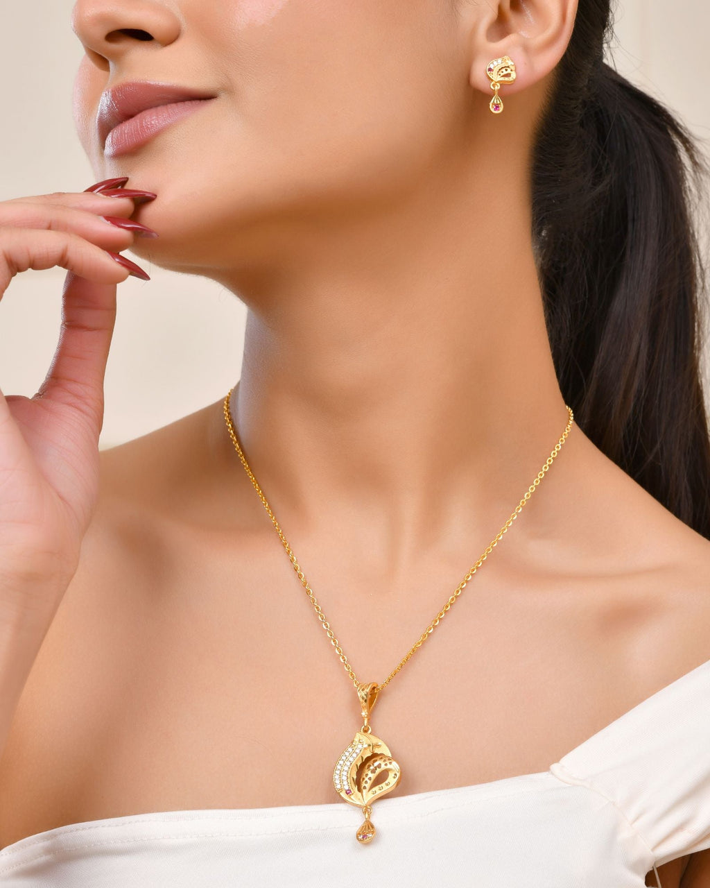 Jewels Nest Gold-Plated Designer Pendant Necklace Set With Matching Drop Earrings For Women