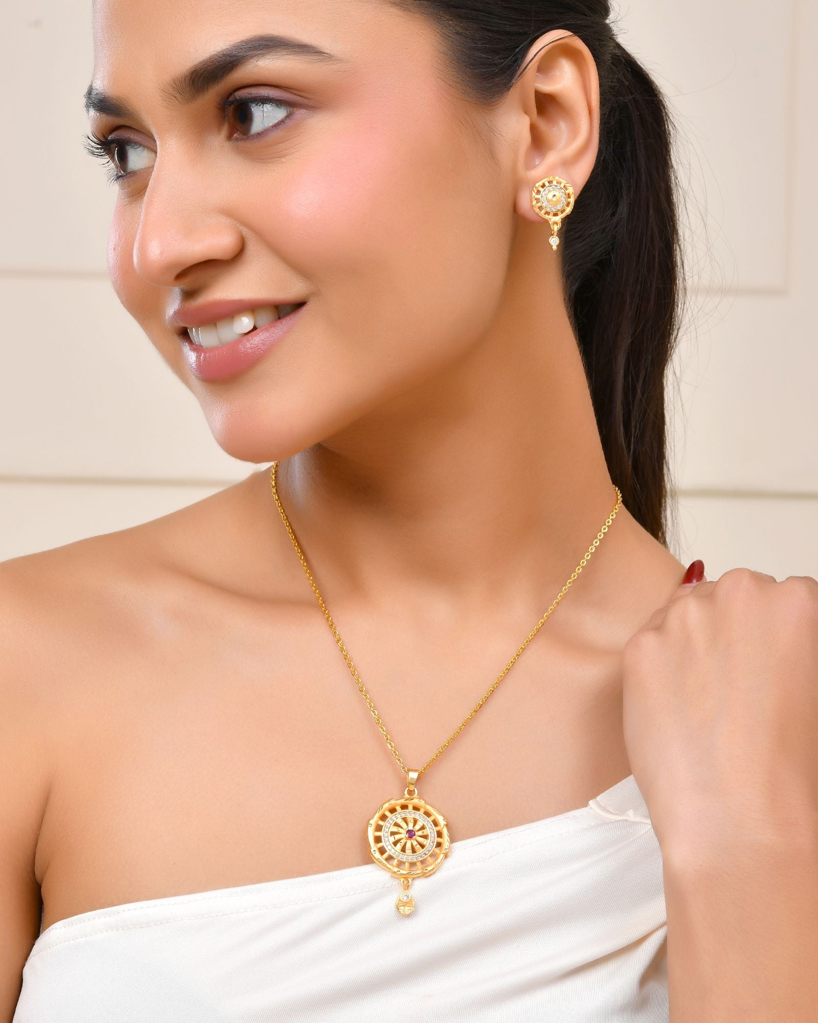 Jewels Nest Gold-Plated Circular Stone Pendant Necklace Set With Matching Earrings For Women