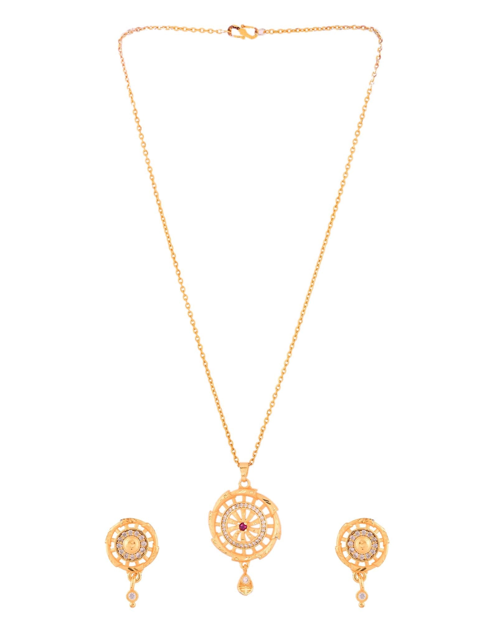 Jewels Nest Gold-Plated Circular Stone Pendant Necklace Set With Matching Earrings For Women