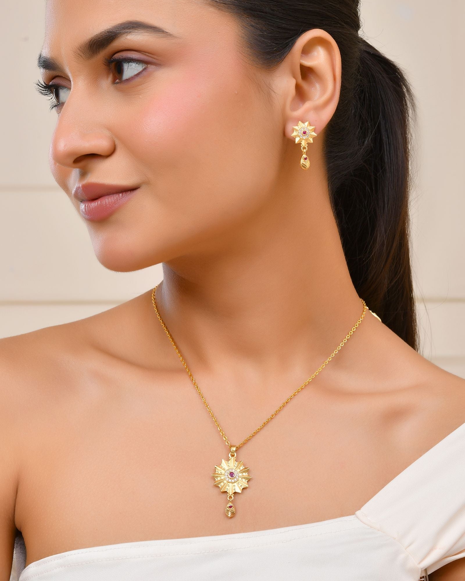 Jewels Nest Gold-Plated Sunburst Pendant Necklace Set With Matching Earrings For Women