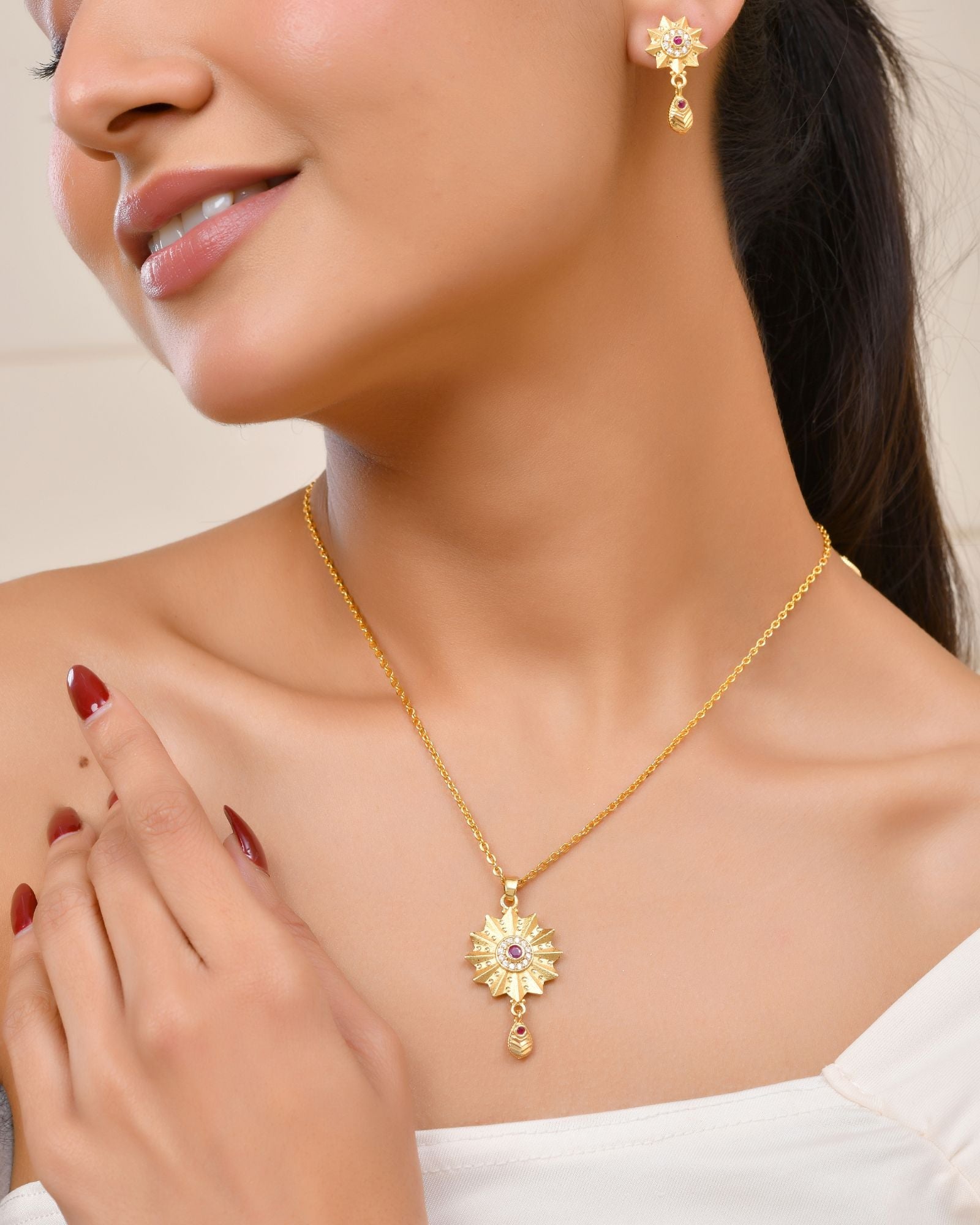 Jewels Nest Gold-Plated Sunburst Pendant Necklace Set With Matching Earrings For Women