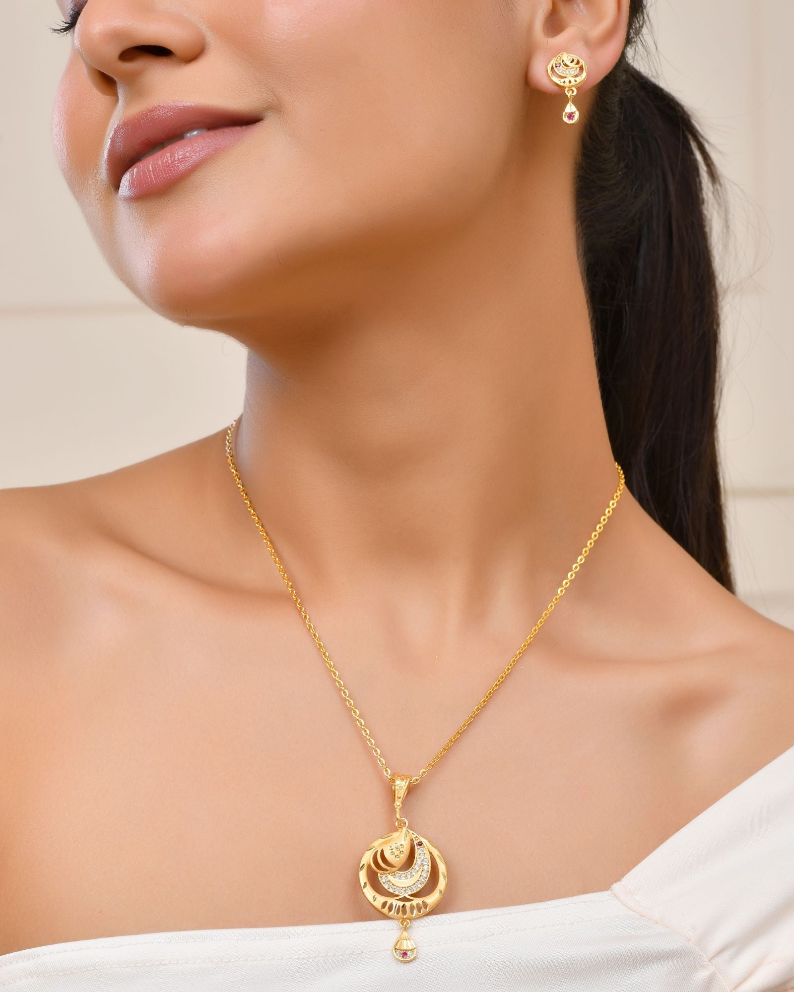 Jewels Nest Gold-Plated Crescent Motif Pendant Necklace Set With Matching Earrings For Women