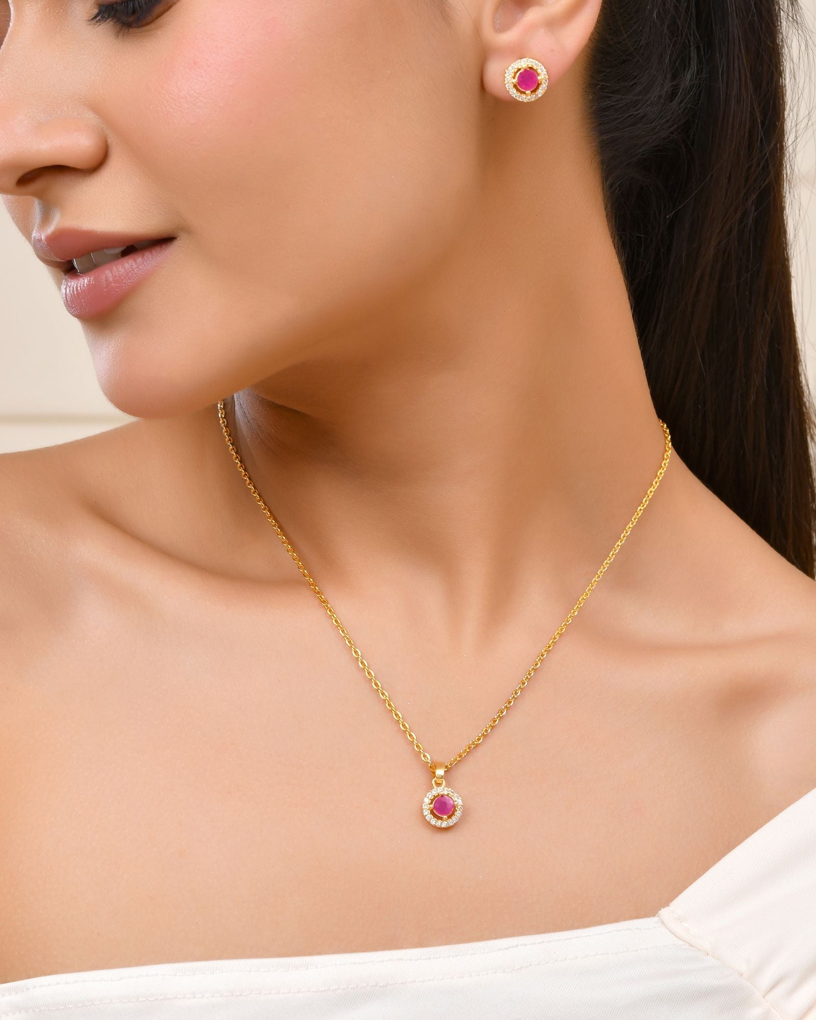 Jewels Nest Gold-Plated Round Pink Stone Pendant Necklace Set With Stud Earrings For Women