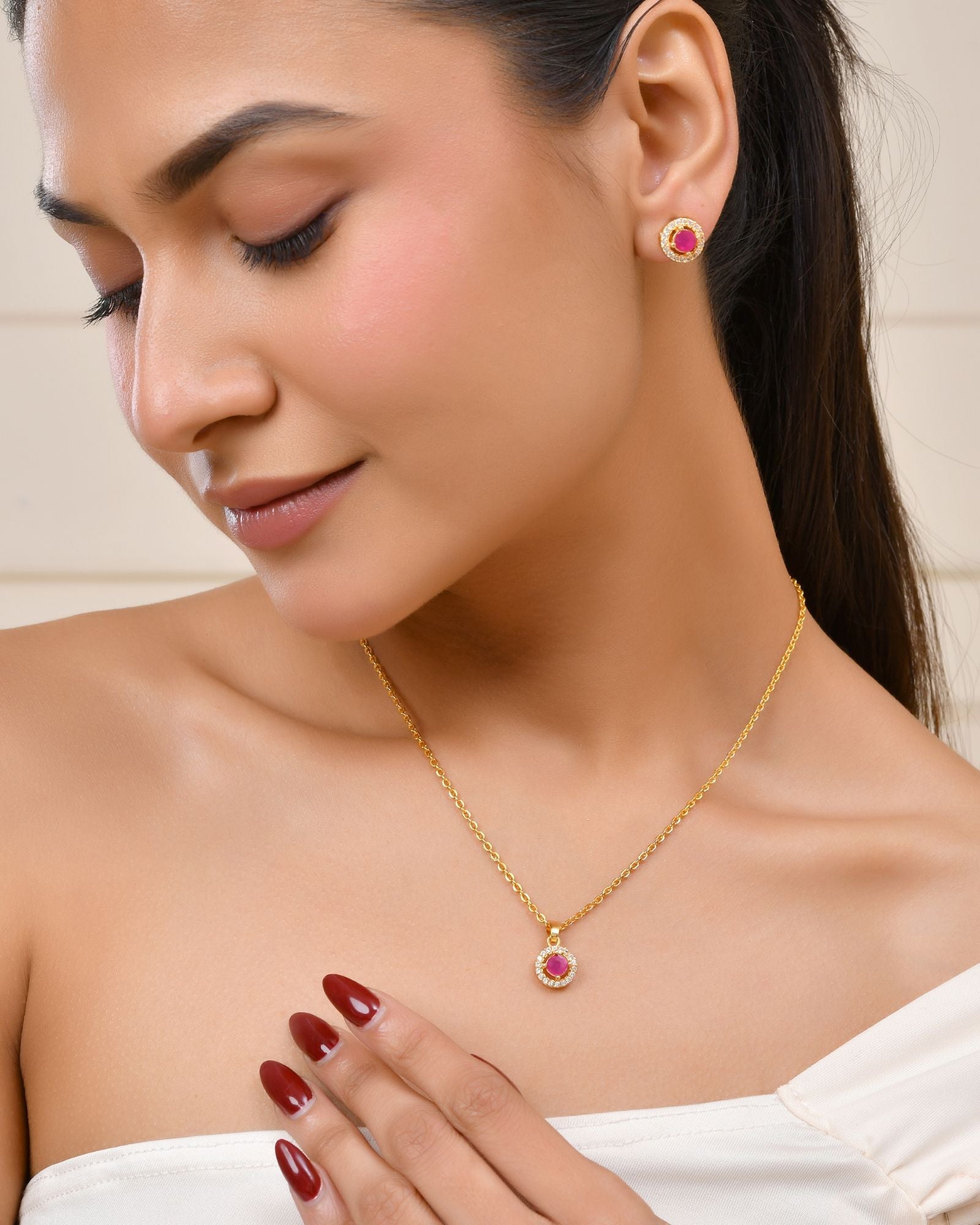 Jewels Nest Gold-Plated Round Pink Stone Pendant Necklace Set With Stud Earrings For Women
