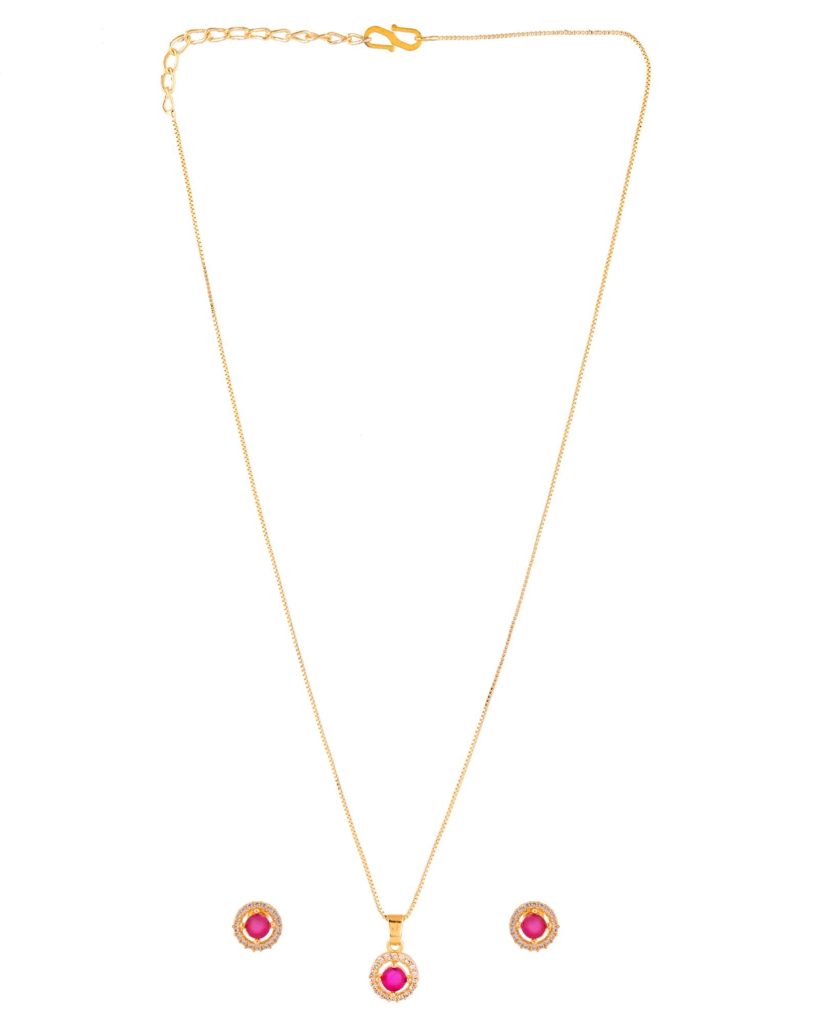 Jewels Nest Gold-Plated Round Pink Stone Pendant Necklace Set With Stud Earrings For Women