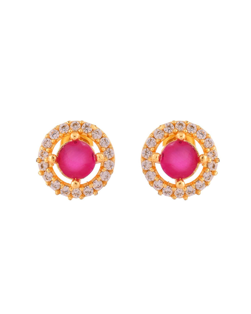 Jewels Nest Gold-Plated Round Pink Stone Pendant Necklace Set With Stud Earrings For Women