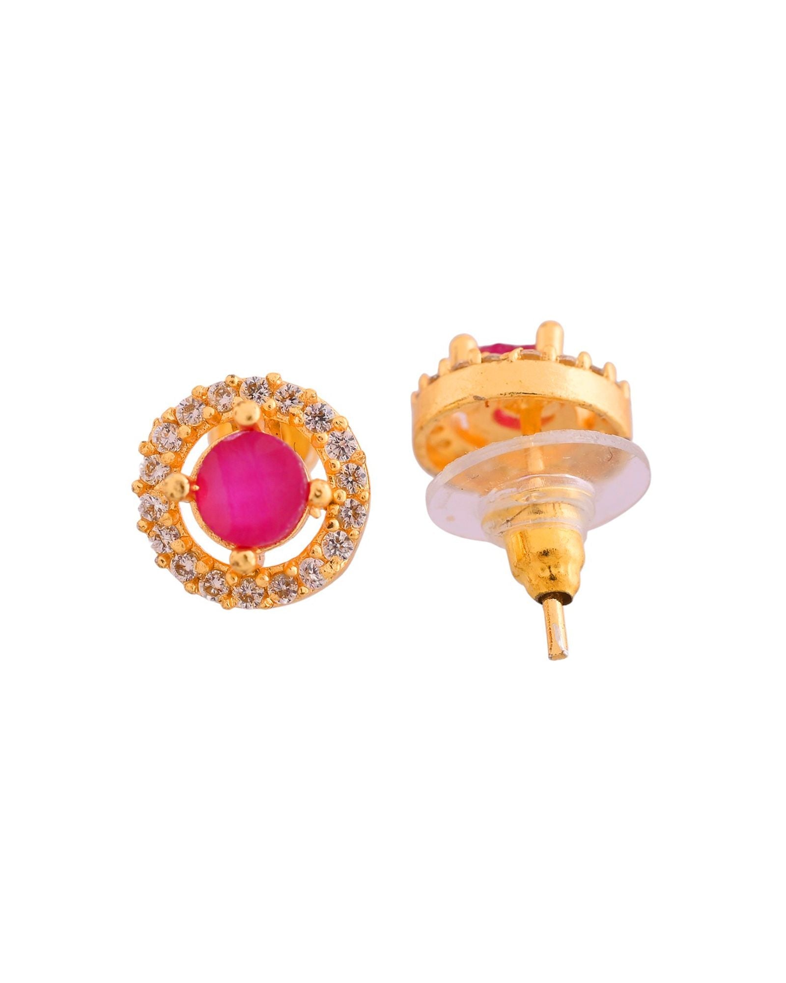 Jewels Nest Gold-Plated Round Pink Stone Pendant Necklace Set With Stud Earrings For Women