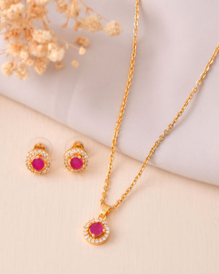 Jewels Nest Gold-Plated Round Pink Stone Pendant Necklace Set With Stud Earrings For Women