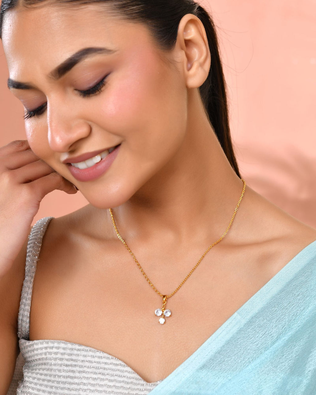 Jewels Nest Elegant Gold-Plated Triple Stone Pendant Necklace For Women