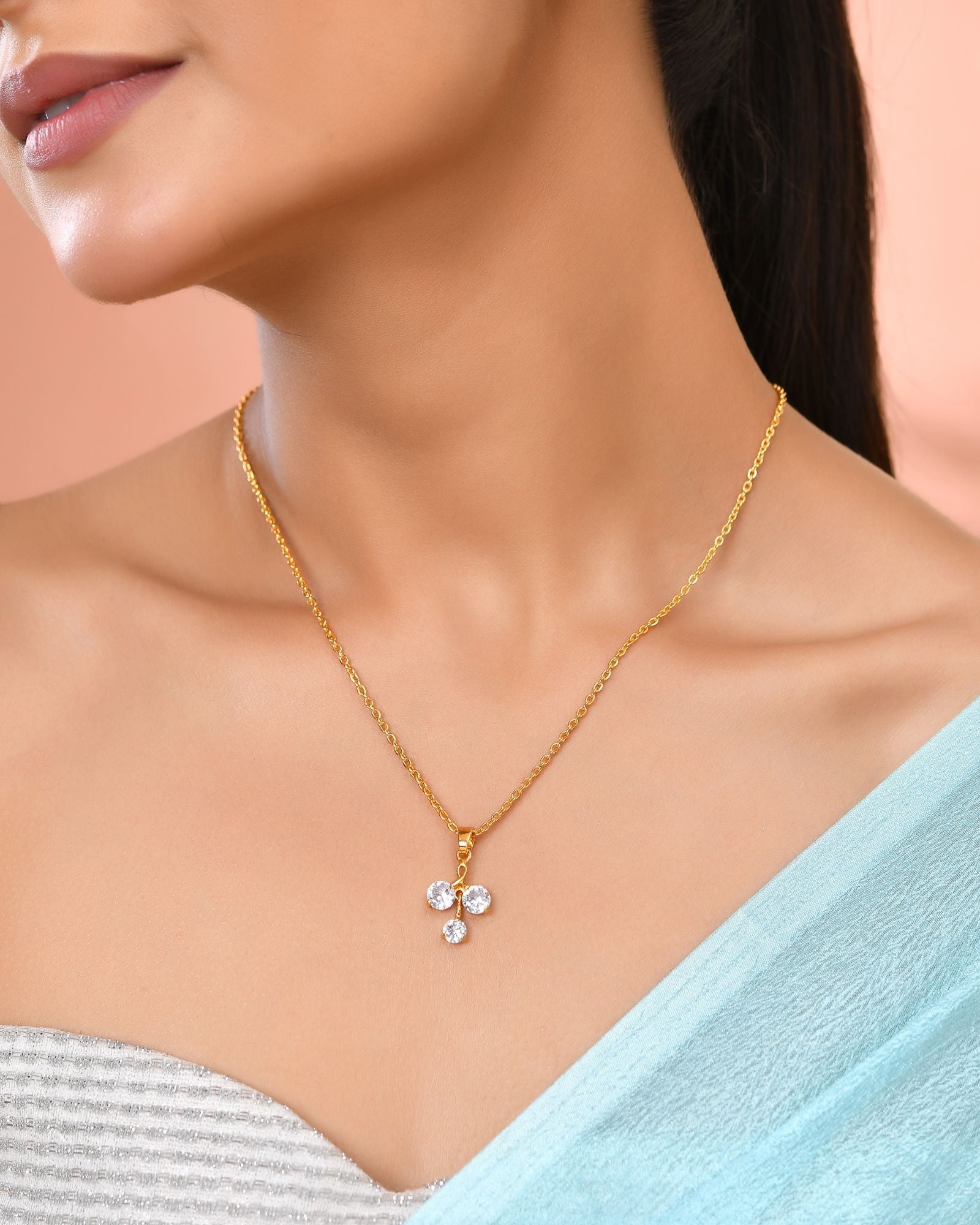 Jewels Nest Elegant Gold-Plated Triple Stone Pendant Necklace For Women