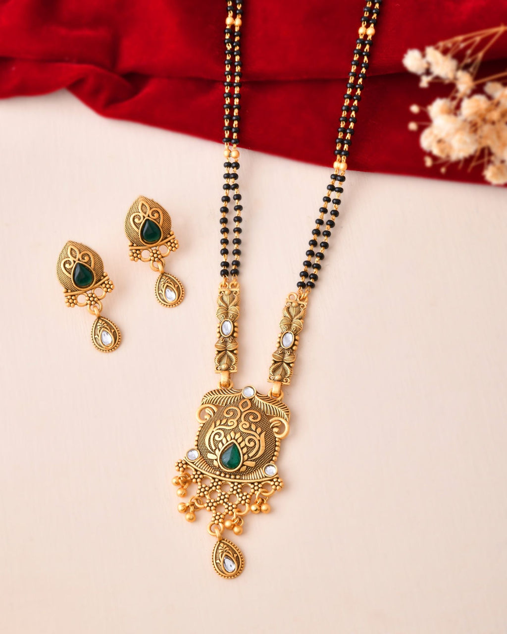 Jewels Nest Antique Gold-Plated Green Stone Mangalsutra Set For Women - Distacart
