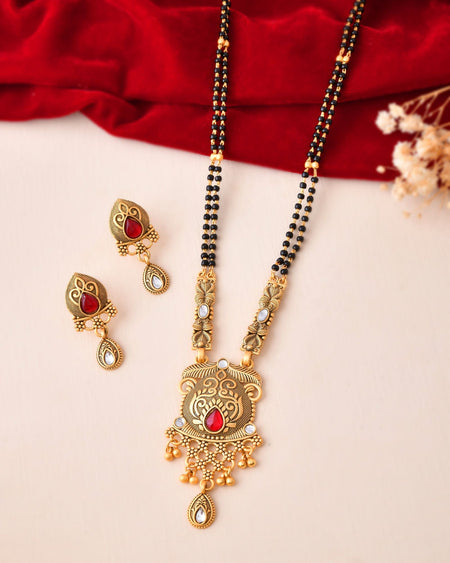 Jewels Nest Antique Gold-Plated Red Stone Temple Mangalsutra Set For Women