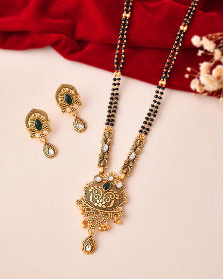 Jewels Nest Antique Gold-Plated Green Stone Temple Mangalsutra Set For Women