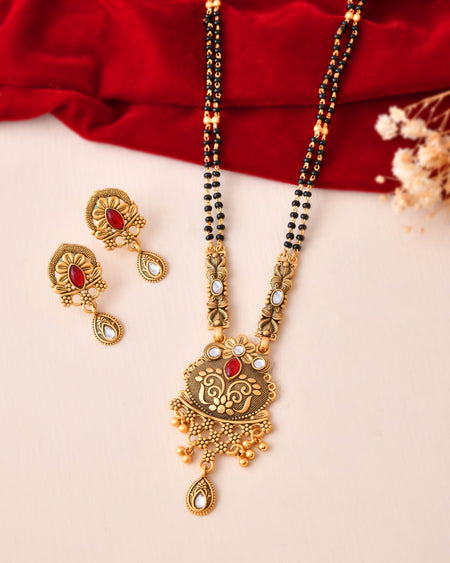 Jewels Nest Antique Gold-Plated Red Stone Temple Mangalsutra Set For Women