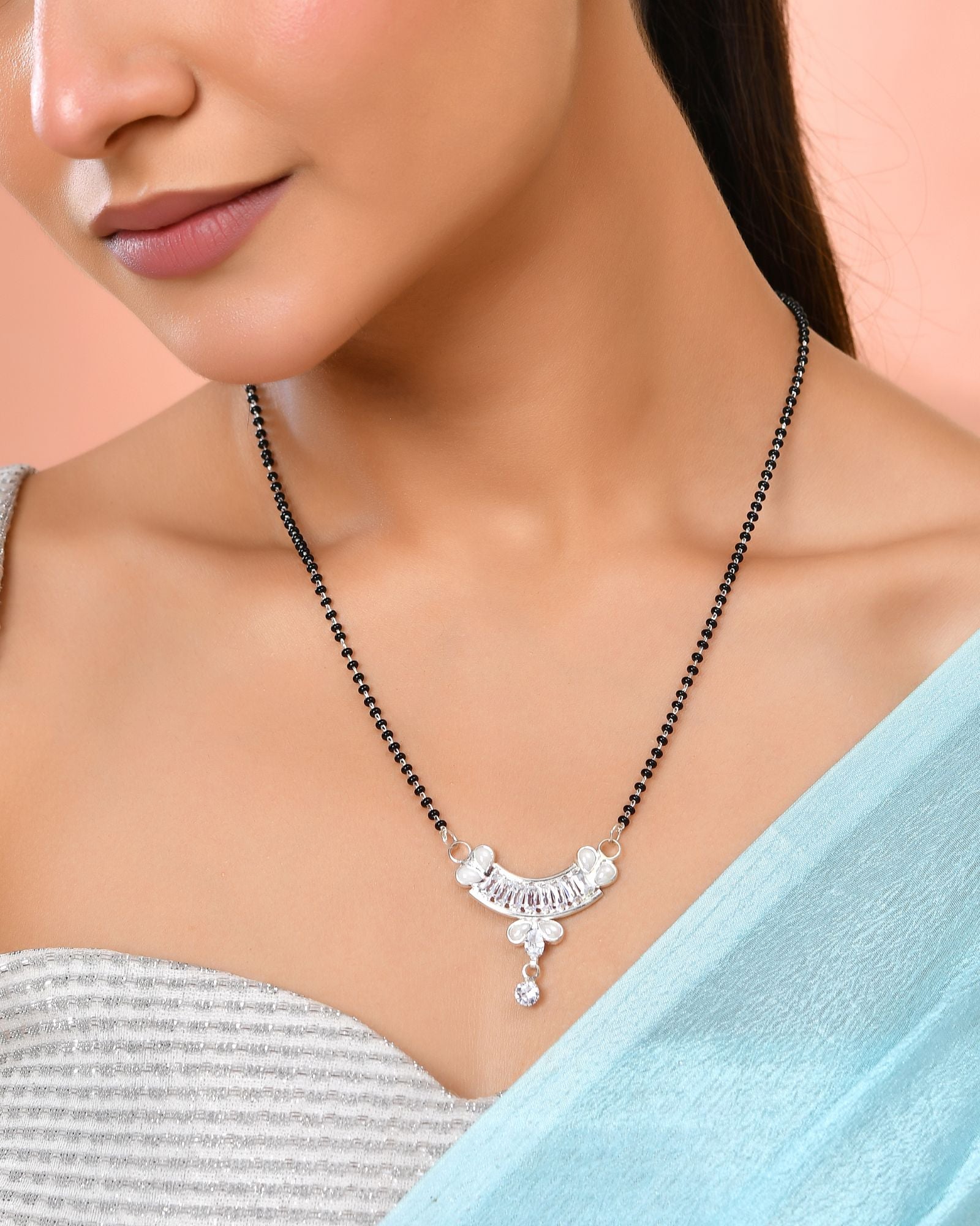 Jewels Nest Minimal Silver-Tone White Stone Mangalsutra With Elegant Curved Pendant - Distacart