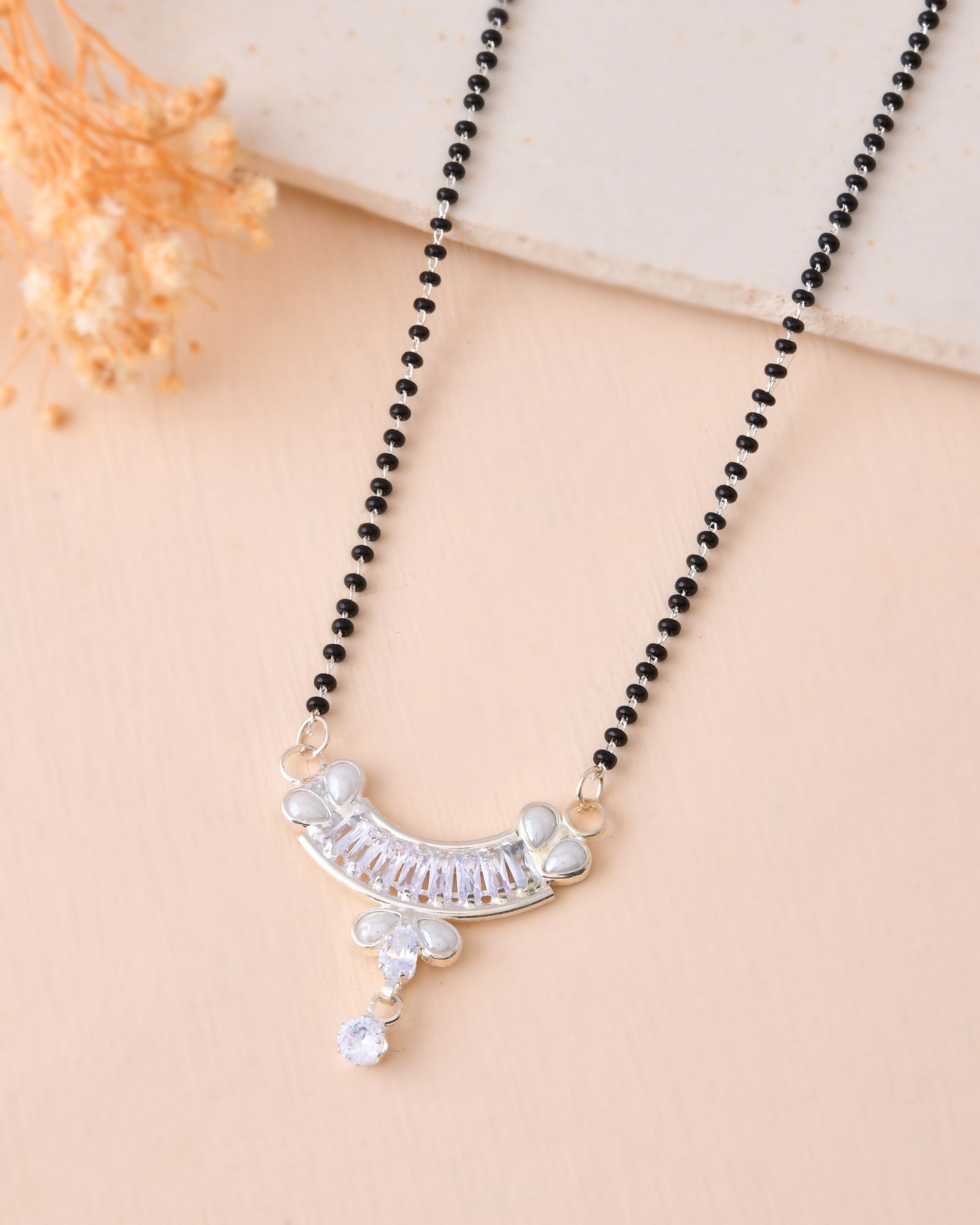 Jewels Nest Minimal Silver-Tone White Stone Mangalsutra With Elegant Curved Pendant - Distacart