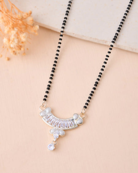 Jewels Nest Minimal Silver-Tone White Stone Mangalsutra With Elegant Curved Pendant