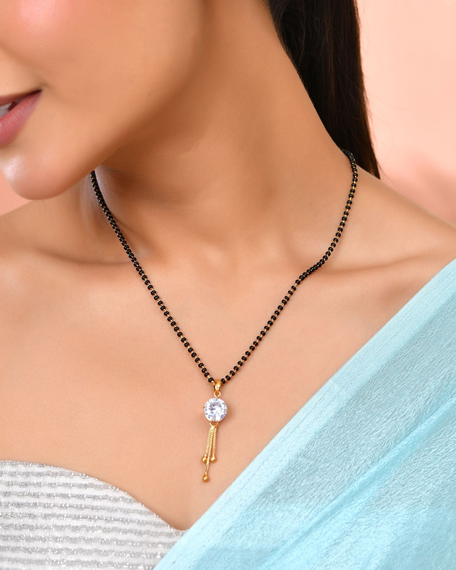Jewels Nest Classic Gold-Tone White Stone Mangalsutra With Single Drop Tassel Pendant - Distacart