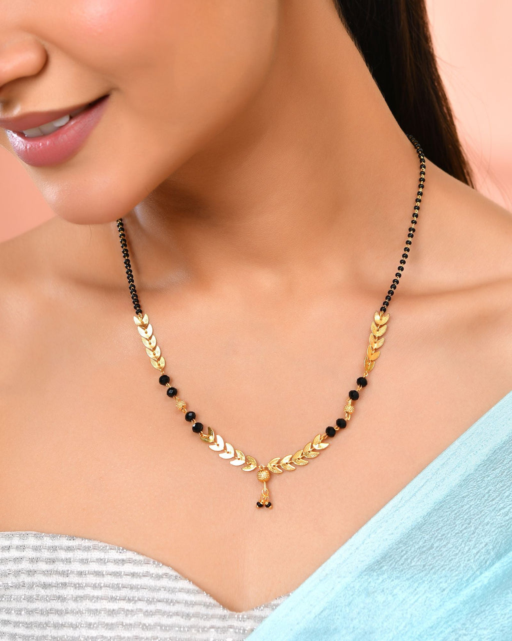 Jewels Nest Gold-Tone Leaf Design Black Beads Mangalsutra For Daily Wear - Distacart