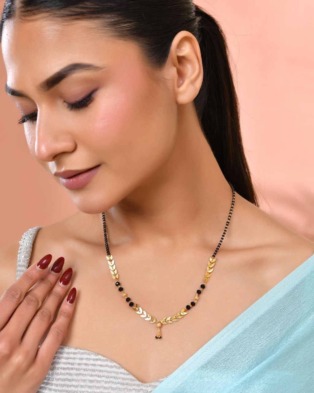 Jewels Nest Gold-Tone Leaf Design Black Beads Mangalsutra For Daily Wear - Distacart
