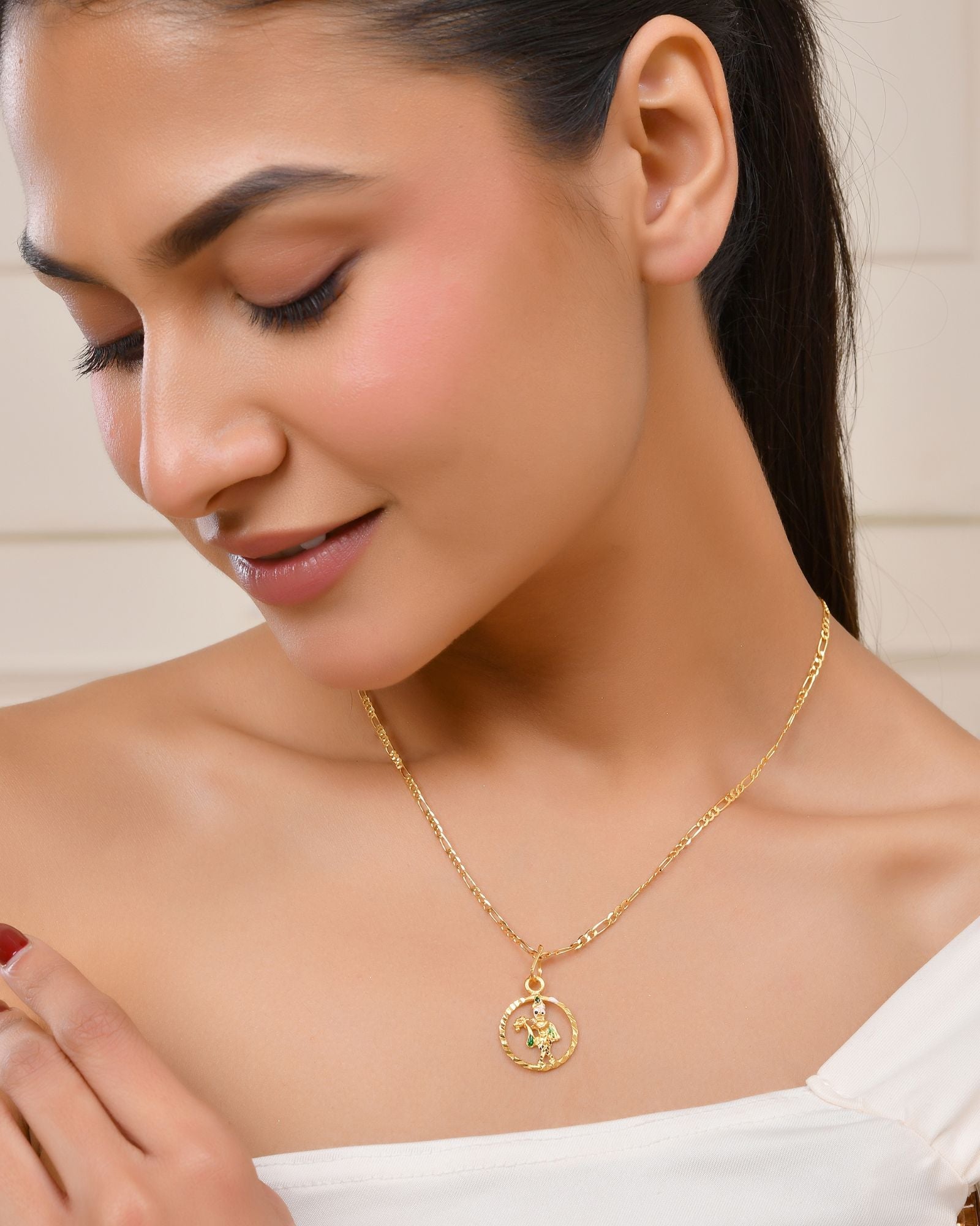 Jewels Nest Gold-Tone Krishna Flute Circle Pendant Necklace For Women