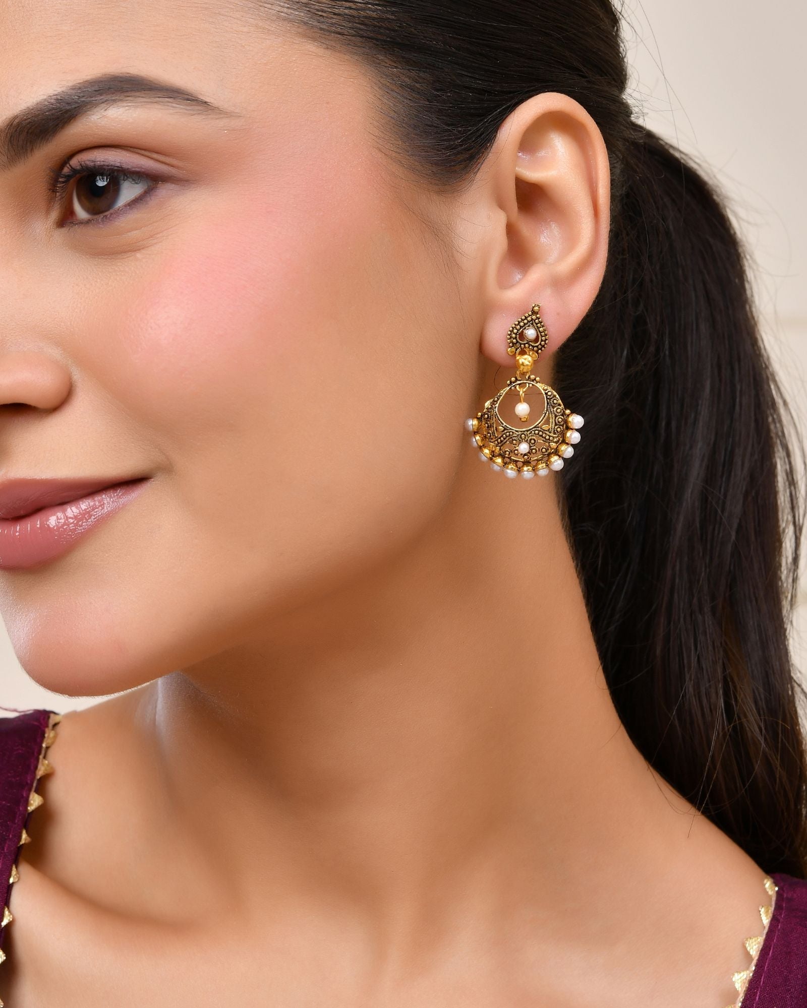 Jewels Nest Gold-Tone Oxidised Pearl Drop Chandbali Earrings - Distacart