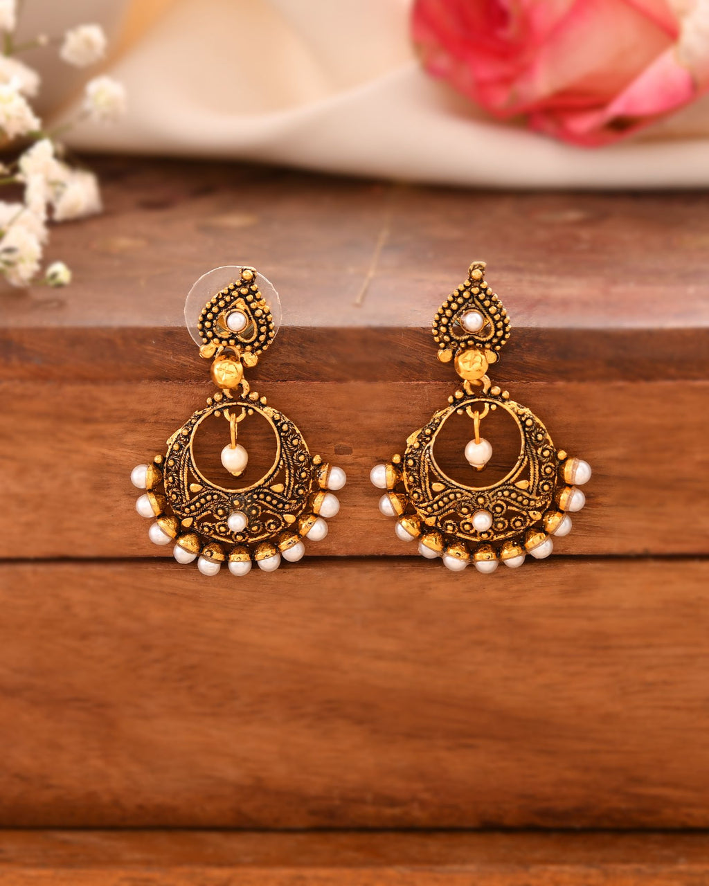 Jewels Nest Gold-Tone Oxidised Pearl Drop Chandbali Earrings - Distacart