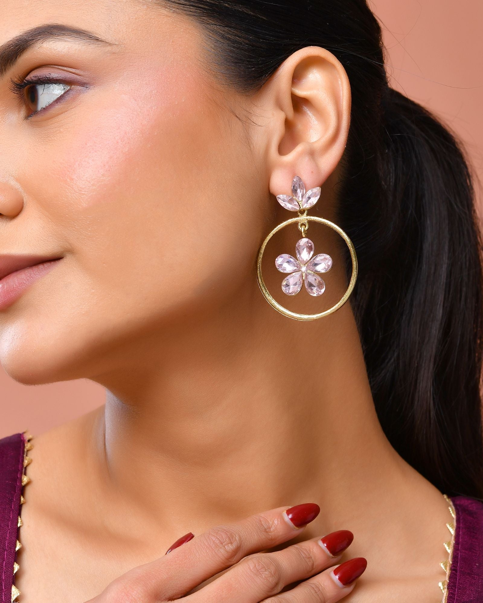 Jewels Nest Gold-Tone Floral Crystal Hoop Earrings For Women