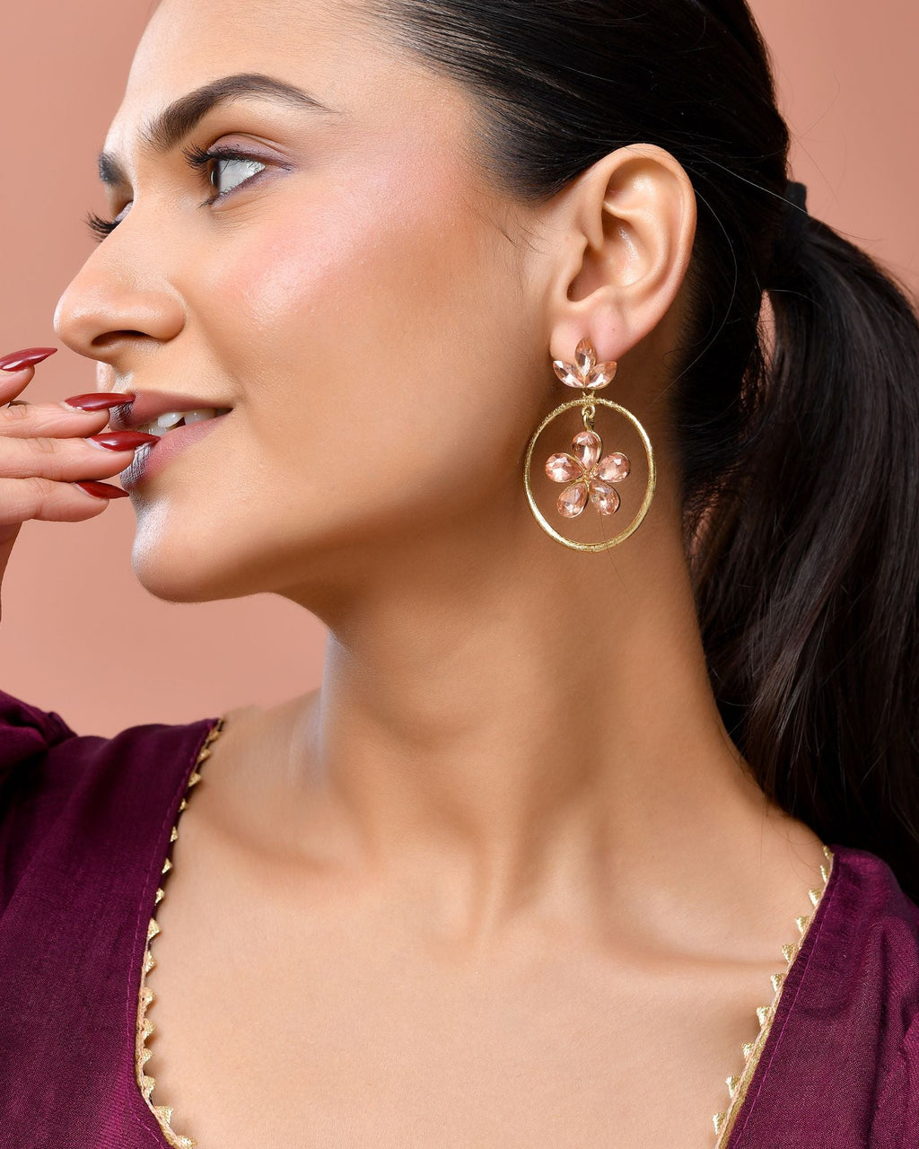 Jewels Nest Gold-Tone Peach Crystal Floral Hoop Earrings For Women - Distacart