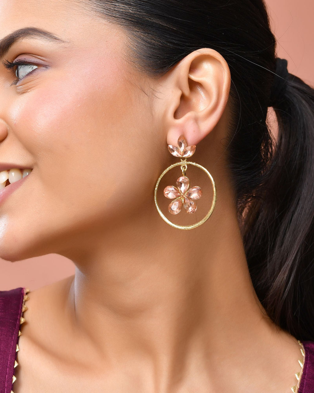 Jewels Nest Gold-Tone Peach Crystal Floral Hoop Earrings For Women - Distacart