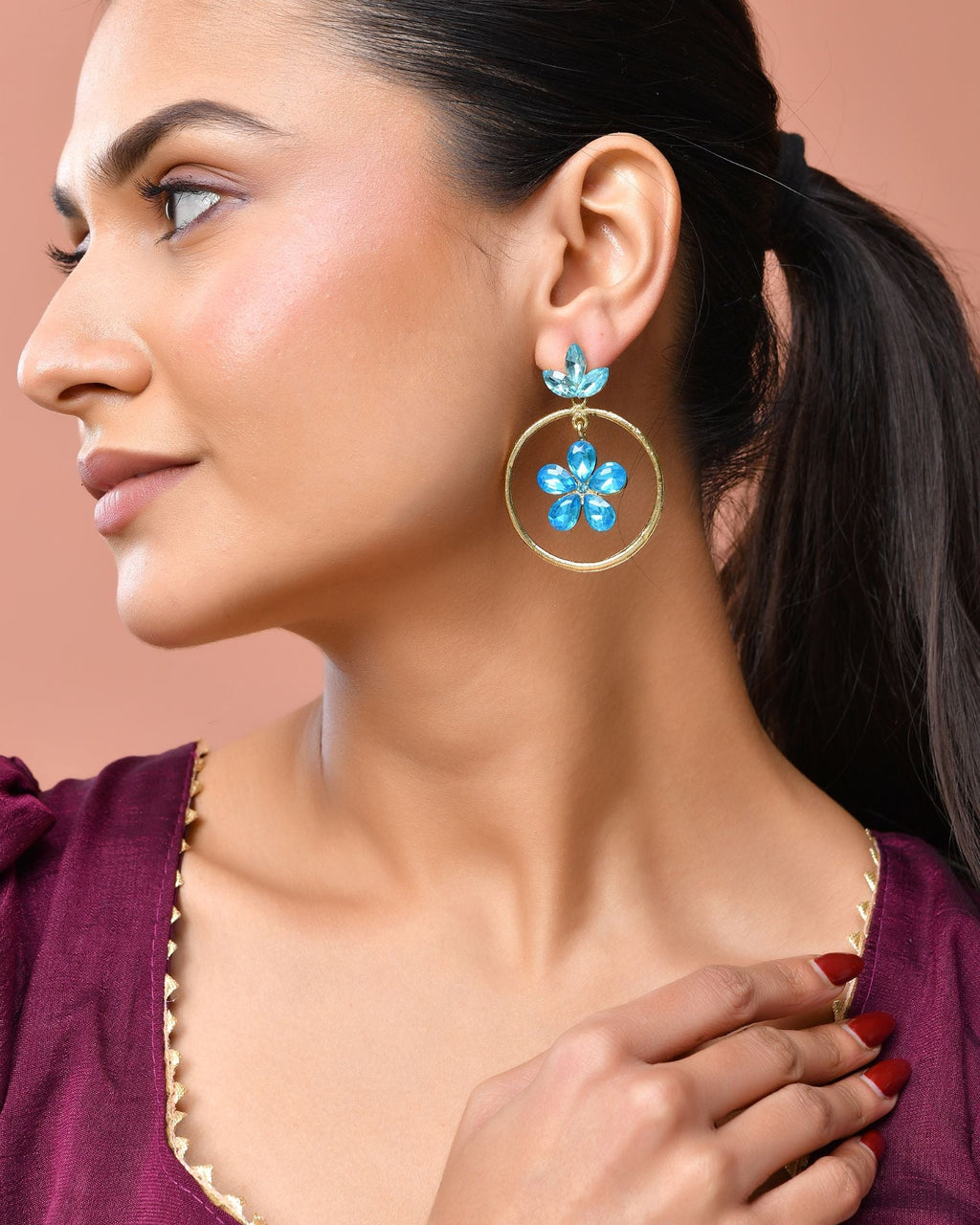 Jewels Nest Gold-Tone Blue Crystal Floral Hoop Earrings For Women - Distacart