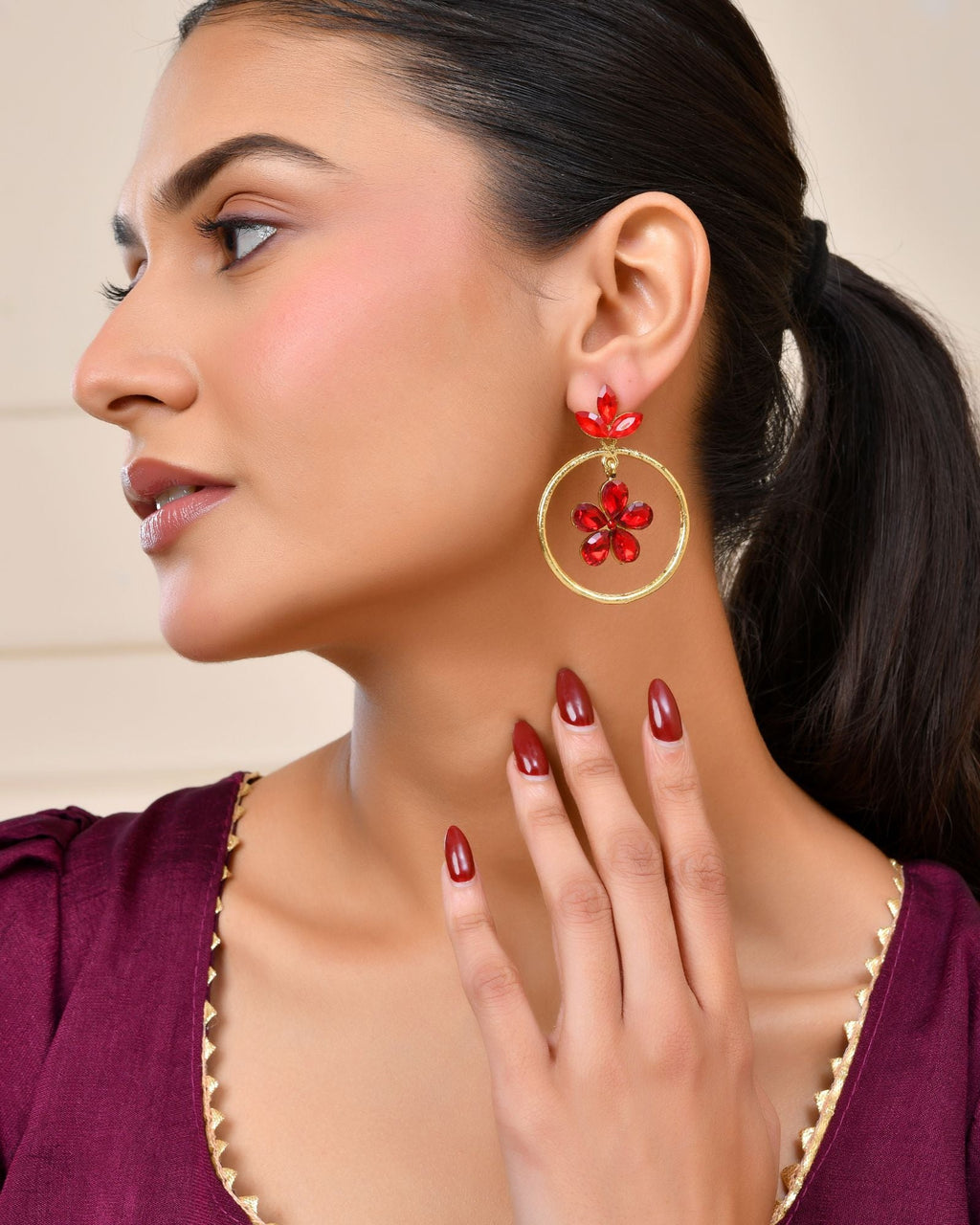 Jewels Nest Gold-Tone Red Crystal Floral Hoop Earrings For Women - Distacart