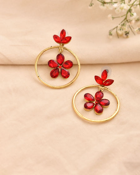 Jewels Nest Gold-Tone Red Crystal Floral Hoop Earrings For Women
