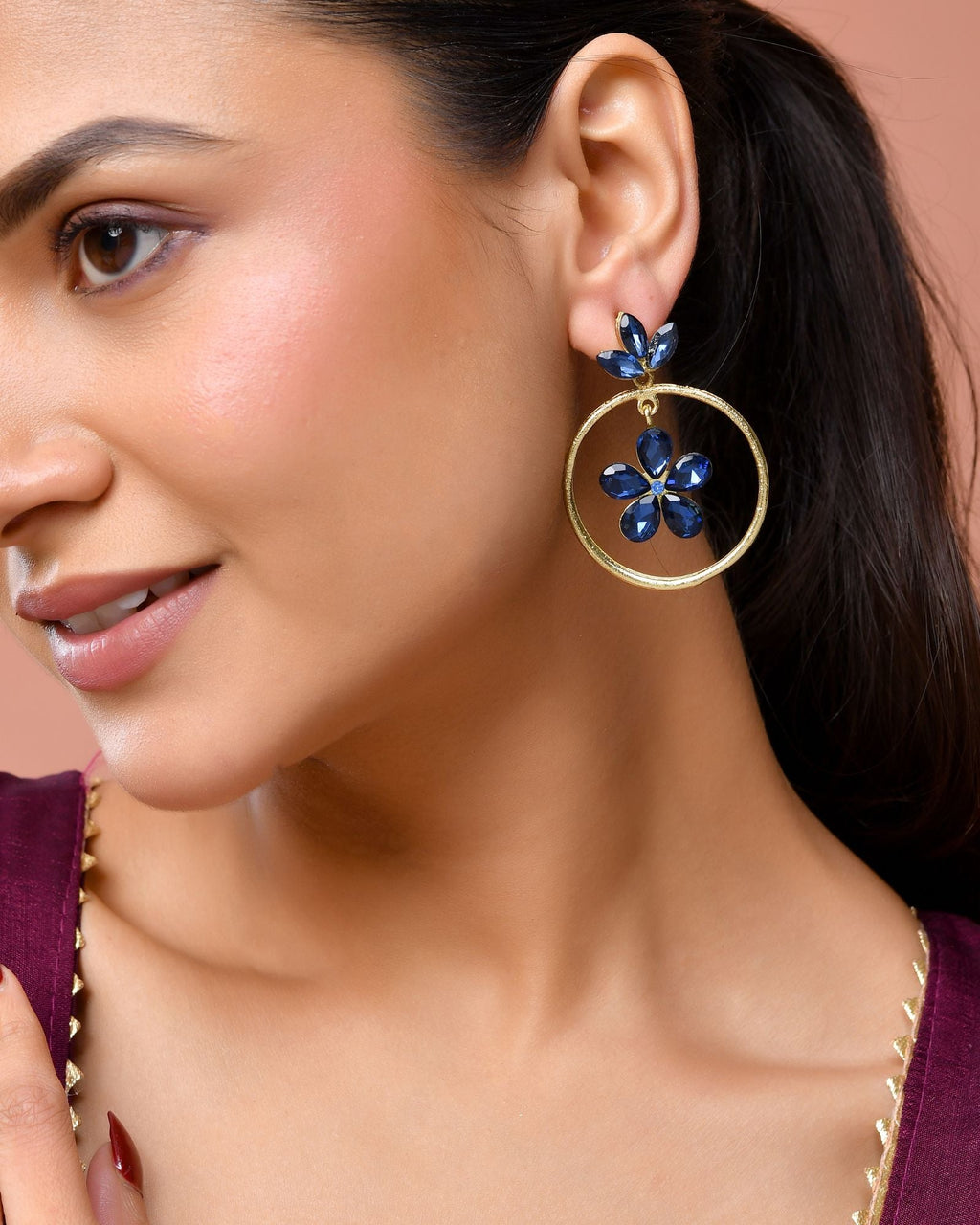 Jewels Nest Gold-Tone Blue Crystal Floral Hoop Earrings For Women - Distacart