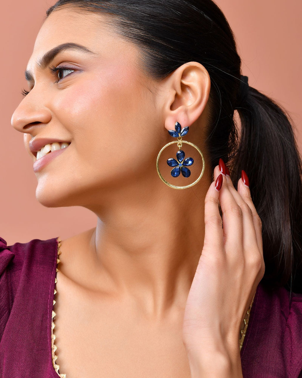 Jewels Nest Gold-Tone Blue Crystal Floral Hoop Earrings For Women - Distacart