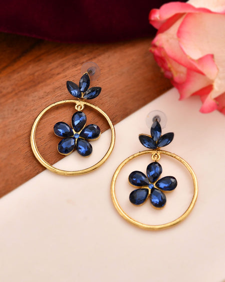Jewels Nest Gold-Tone Blue Crystal Floral Hoop Earrings For Women