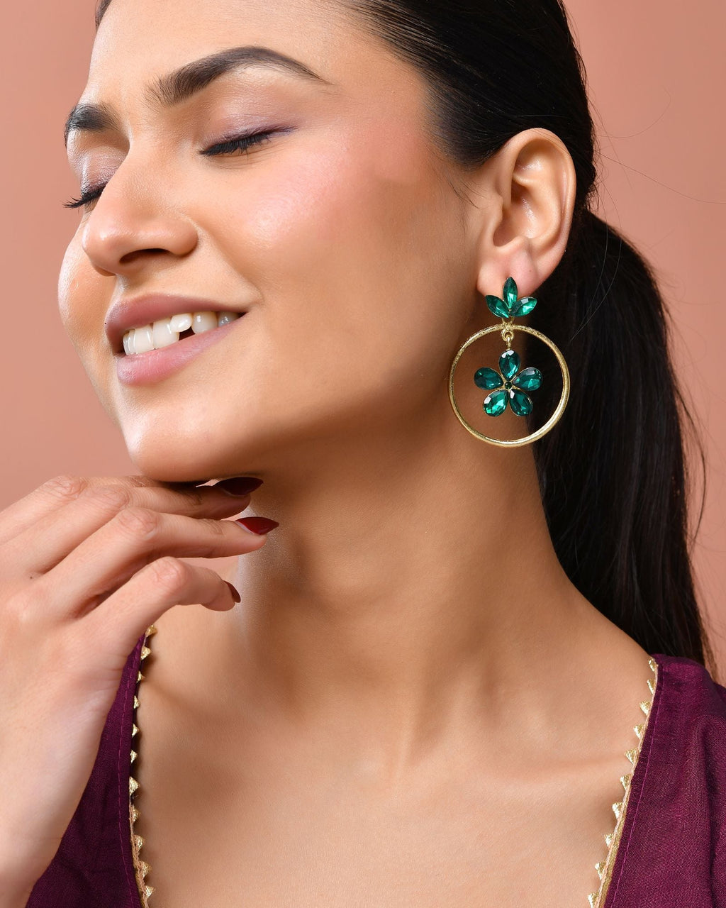 Jewels Nest Gold Tone Emerald Green Crystal Floral Hoop Earrings For Women - Distacart